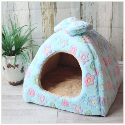 HKM-850963 Warm Dual-Purpose Yurt Nest for Small Dogs and Cats - Cozy Flannel & Sponge Design, Easy to Clean and Store