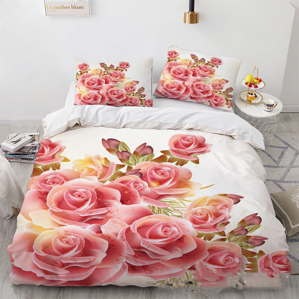 HKM-851091 Floral Digital Printed Three-Piece Bedding Set for 1.8m Bed