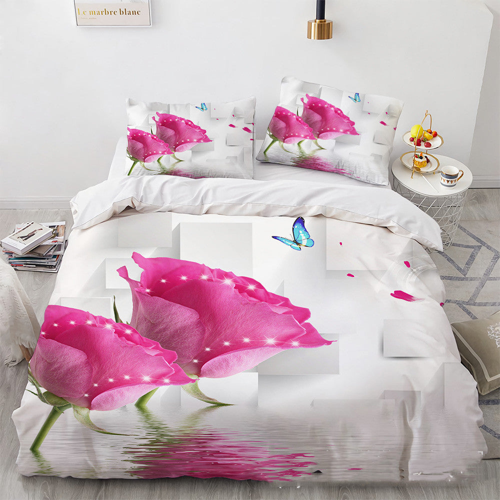 HKM-851091 Floral Digital Printed Three-Piece Bedding Set for 1.8m Bed