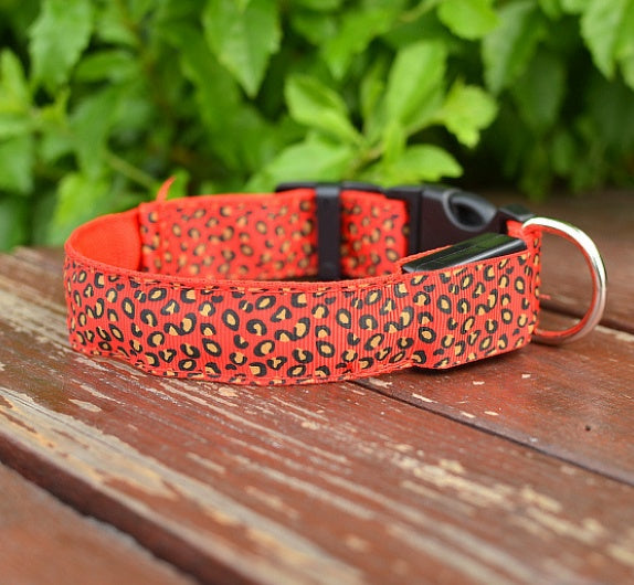 HKM-851283 Adjustable LED Safety Dog Collar with Nylon Leopard Design