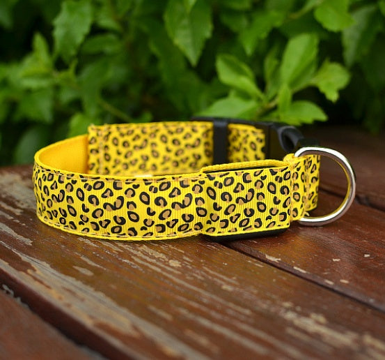 HKM-851283 Adjustable LED Safety Dog Collar with Nylon Leopard Design