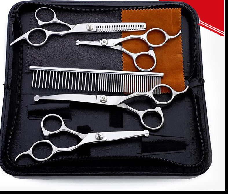 HKM-851475 Pet Grooming Scissors Set with Round Head Design, Stainless Steel, Includes 4 Scissors, Comb, Cleaning Cloth, and Storage Bag