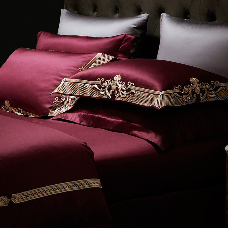 HKM-851539 Luxury Burgundy Four-Piece Wedding Bed Set with Satin Weaving and Cotton Fabric