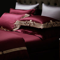 HKM-851539 Luxury Burgundy Four-Piece Wedding Bed Set with Satin Weaving and Cotton Fabric