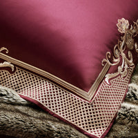 HKM-851539 Luxury Burgundy Four-Piece Wedding Bed Set with Satin Weaving and Cotton Fabric