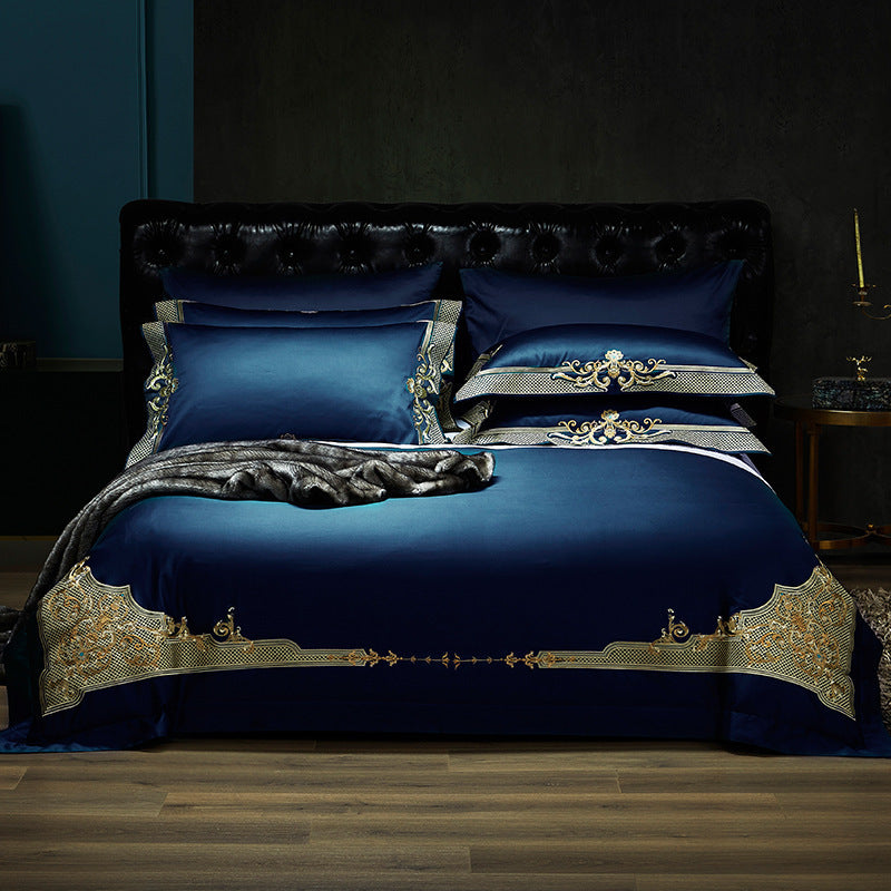 HKM-851539 Luxury Burgundy Four-Piece Wedding Bed Set with Satin Weaving and Cotton Fabric