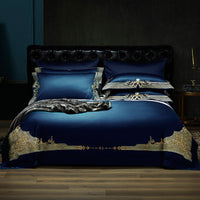 HKM-851539 Luxury Burgundy Four-Piece Wedding Bed Set with Satin Weaving and Cotton Fabric