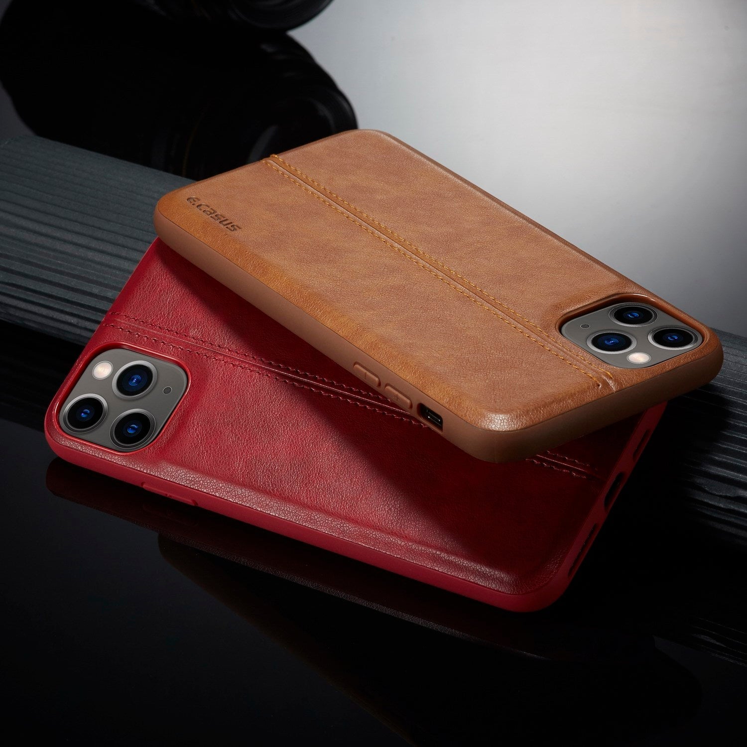 HKM-851859 iPhone 11 Compatible Anti-Fall Protective Soft Shell Case in Brown, Black, and Red Faux Leather