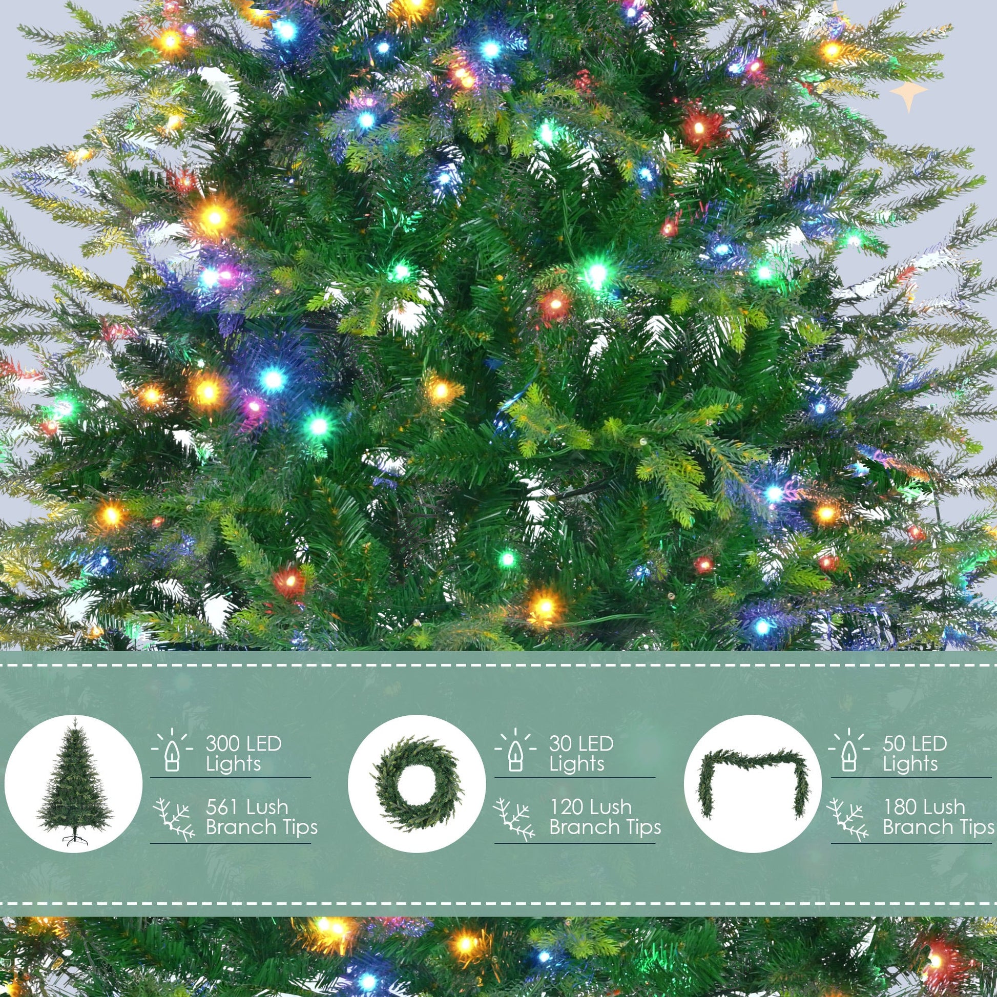 HKM-852051 6ft Pre-Lit Artificial Aspen Fir Christmas Tree with Multi-Color LED Lights, 861 PE Branch Tips, and Garlands