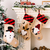 HKM-852371 Red and Black Plaid Christmas Embroidered Window Pendant with Snowman, Old Man, and Elk Designs, 46x21CM