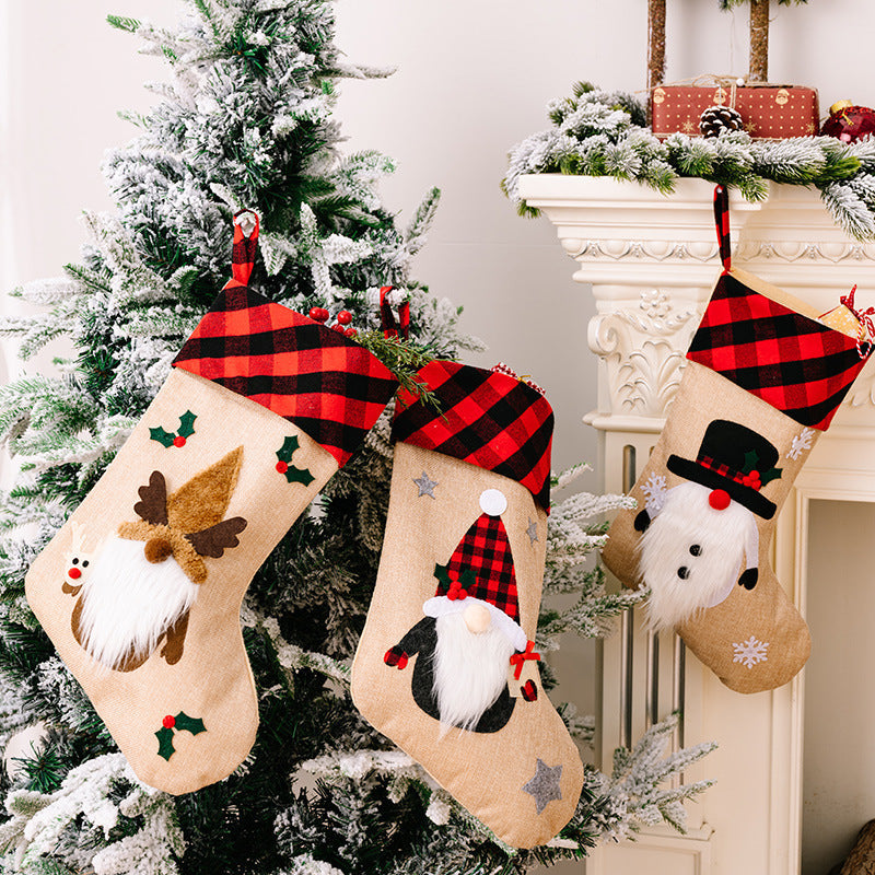 HKM-852371 Red and Black Plaid Christmas Embroidered Window Pendant with Snowman, Old Man, and Elk Designs, 46x21CM