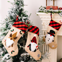 HKM-852371 Red and Black Plaid Christmas Embroidered Window Pendant with Snowman, Old Man, and Elk Designs, 46x21CM