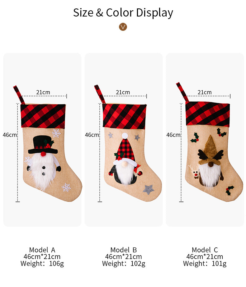 HKM-852371 Red and Black Plaid Christmas Embroidered Window Pendant with Snowman, Old Man, and Elk Designs, 46x21CM