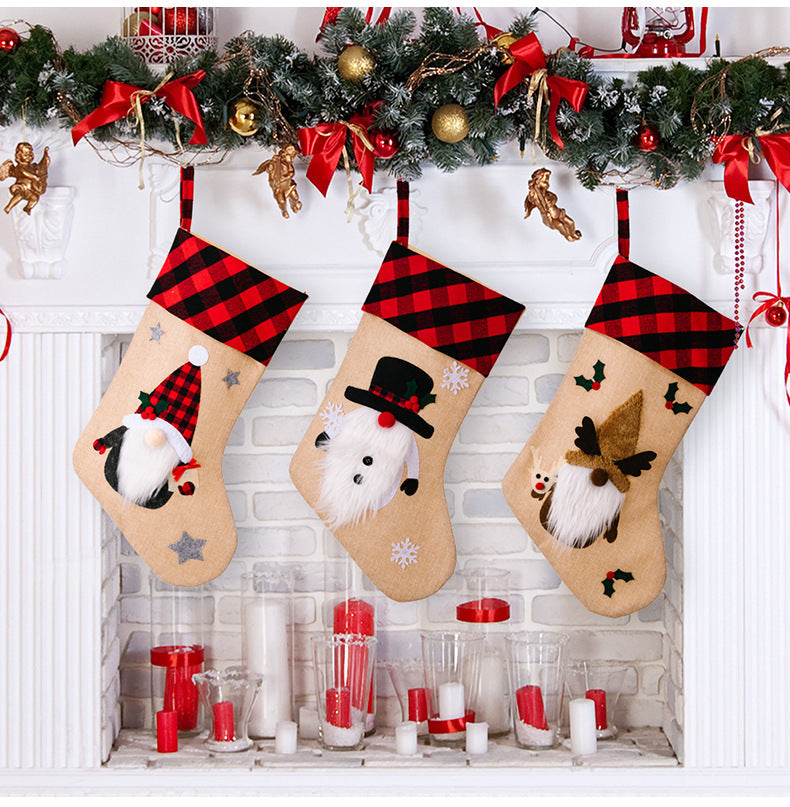 HKM-852371 Red and Black Plaid Christmas Embroidered Window Pendant with Snowman, Old Man, and Elk Designs, 46x21CM