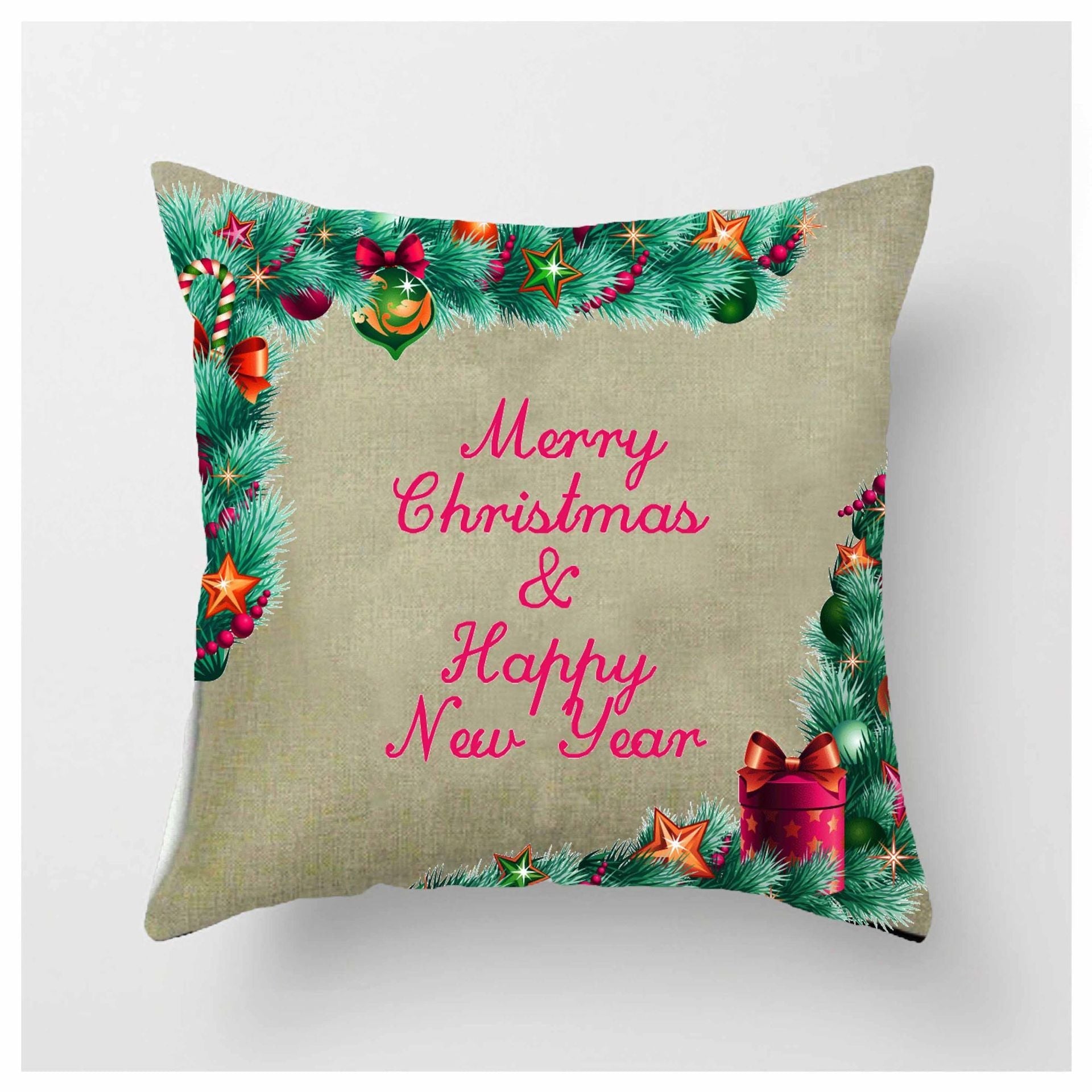 HKM-852883 Christmas Ball Printed Linen Pillowcase 45x45cm - Festive Cushion Cover
