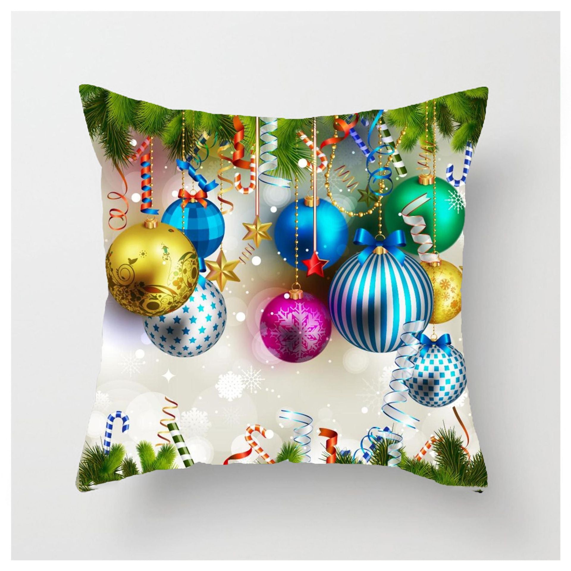 HKM-852883 Christmas Ball Printed Linen Pillowcase 45x45cm - Festive Cushion Cover