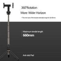 HKM-853139 Bluetooth Wireless Selfie Stick Tripod Compatible with iPhone Models, Mini Tripod, Maximum Extension 660 mm, Folding Length 186 mm, Black/White