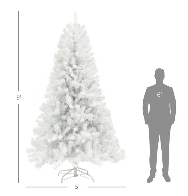 HKM-853203 9ft Unlit Artificial Christmas Tree with 2132 Branch Tips, Auto Open Design and Steel Base in White Color