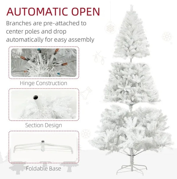 HKM-853203 9ft Unlit Artificial Christmas Tree with 2132 Branch Tips, Auto Open Design and Steel Base in White Color