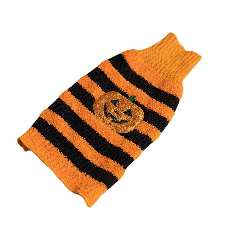 HKM-853331 Warm Halloween Dog Sweater Costume for Small Pets in Orange with Pumpkin Design
