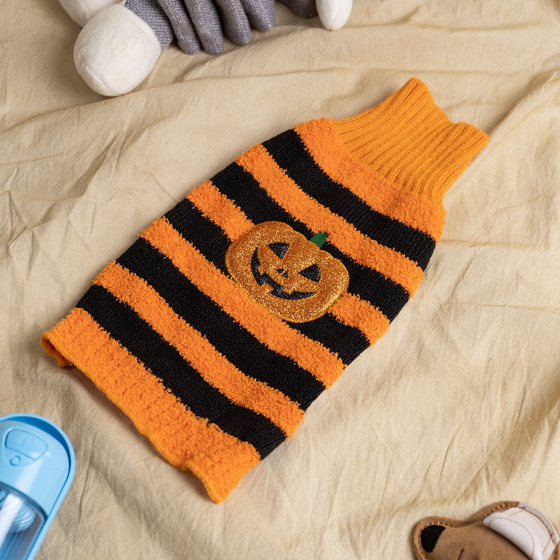 HKM-853331 Warm Halloween Dog Sweater Costume for Small Pets in Orange with Pumpkin Design