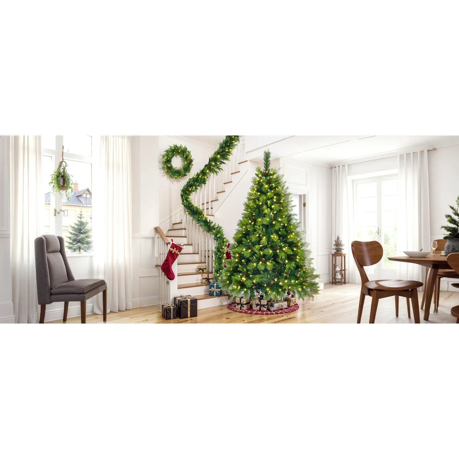 KTX-853523 6FT Pre-Lit Artificial Pine Christmas Tree with Green Wreath and Garland Set, Large Branches