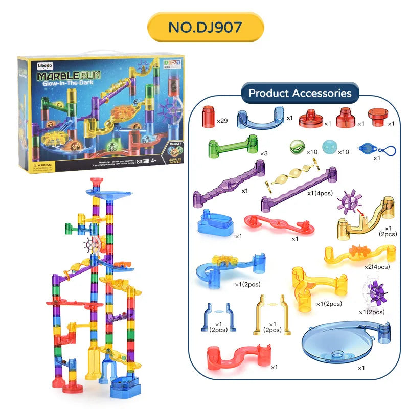KTX-853907 Glow in the Dark Marble Race Track Building Set for Kids - Educational Construction Toy