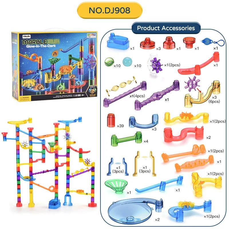 KTX-853907 Glow in the Dark Marble Race Track Building Set for Kids - Educational Construction Toy