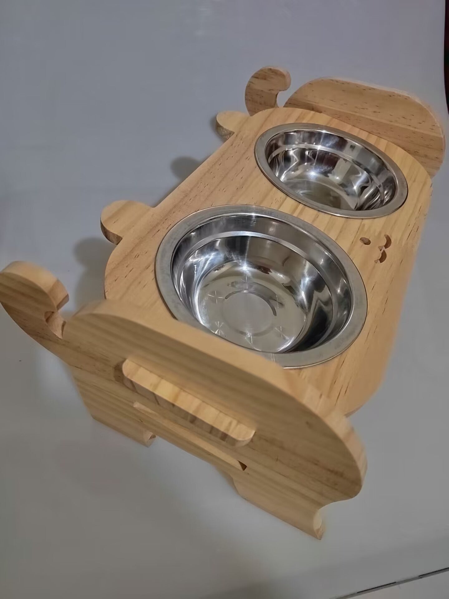 HKM-854099 Cat and Small Dog Ceramic Food Bowl Set - Wooden Raised Bowl Stand with Stainless Steel Insert