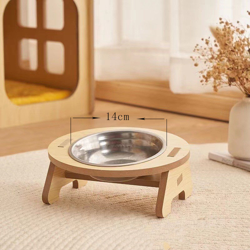HKM-854099 Cat and Small Dog Ceramic Food Bowl Set - Wooden Raised Bowl Stand with Stainless Steel Insert