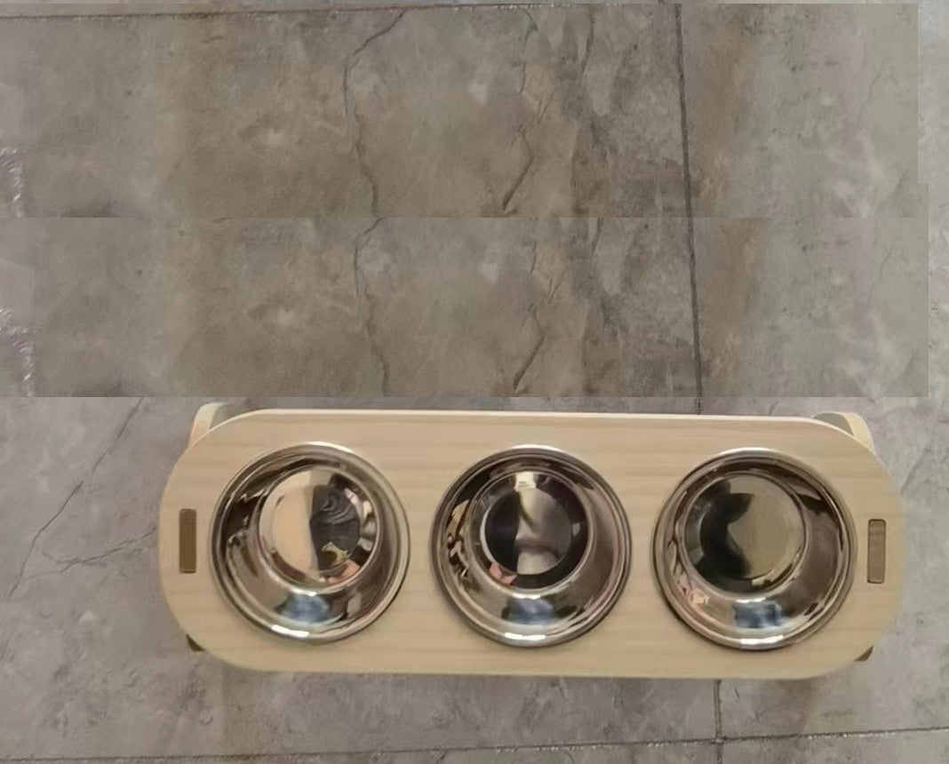 HKM-854099 Cat and Small Dog Ceramic Food Bowl Set - Wooden Raised Bowl Stand with Stainless Steel Insert