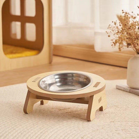 HKM-854099 Cat and Small Dog Ceramic Food Bowl Set - Wooden Raised Bowl Stand with Stainless Steel Insert