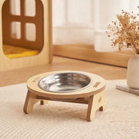 HKM-854099 Cat and Small Dog Ceramic Food Bowl Set - Wooden Raised Bowl Stand with Stainless Steel Insert