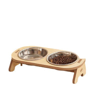 HKM-854099 Cat and Small Dog Ceramic Food Bowl Set - Wooden Raised Bowl Stand with Stainless Steel Insert