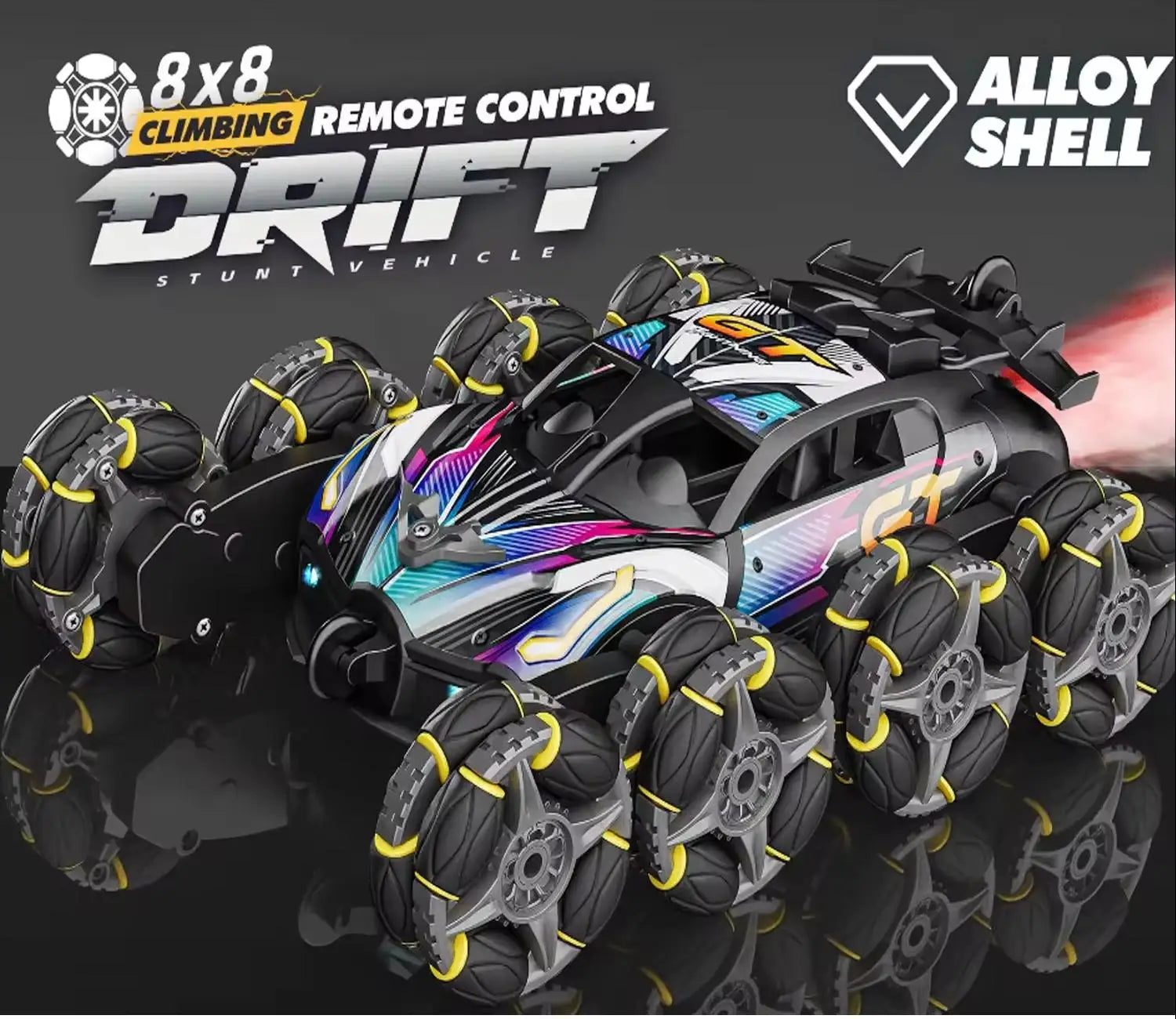 HKM-854483 Alloy 8-Wheel 2.4G Remote Control Drift Car with 360° Rotation, Spray Lights, and Music, Crash-Resistant Design