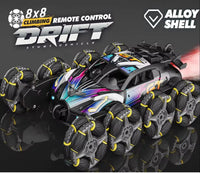 HKM-854483 Alloy 8-Wheel 2.4G Remote Control Drift Car with 360° Rotation, Spray Lights, and Music, Crash-Resistant Design