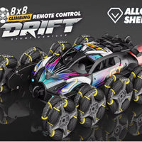 HKM-854483 Alloy 8-Wheel 2.4G Remote Control Drift Car with 360° Rotation, Spray Lights, and Music, Crash-Resistant Design