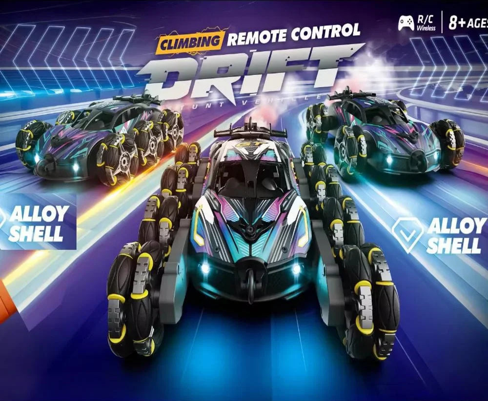 HKM-854483 Alloy 8-Wheel 2.4G Remote Control Drift Car with 360° Rotation, Spray Lights, and Music, Crash-Resistant Design