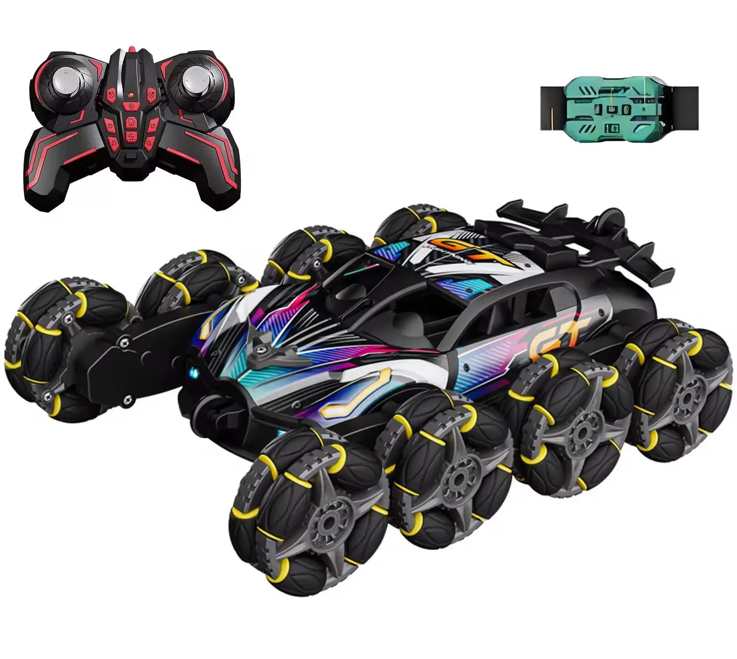 HKM-854483 Alloy 8-Wheel 2.4G Remote Control Drift Car with 360° Rotation, Spray Lights, and Music, Crash-Resistant Design