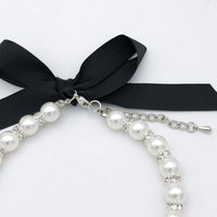 HKM-854995 Elegant Pearl and Rhinestone Necklace for Small Dogs and Cats - Adjustable Collar with Ribbon Bow