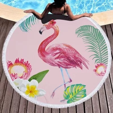 HKM-855059 Round Microfiber Beach Towel with Tassel, 150x150cm Summer Design