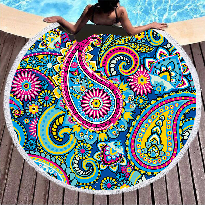 HKM-855059 Round Microfiber Beach Towel with Tassel, 150x150cm Summer Design