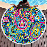 HKM-855059 Round Microfiber Beach Towel with Tassel, 150x150cm Summer Design
