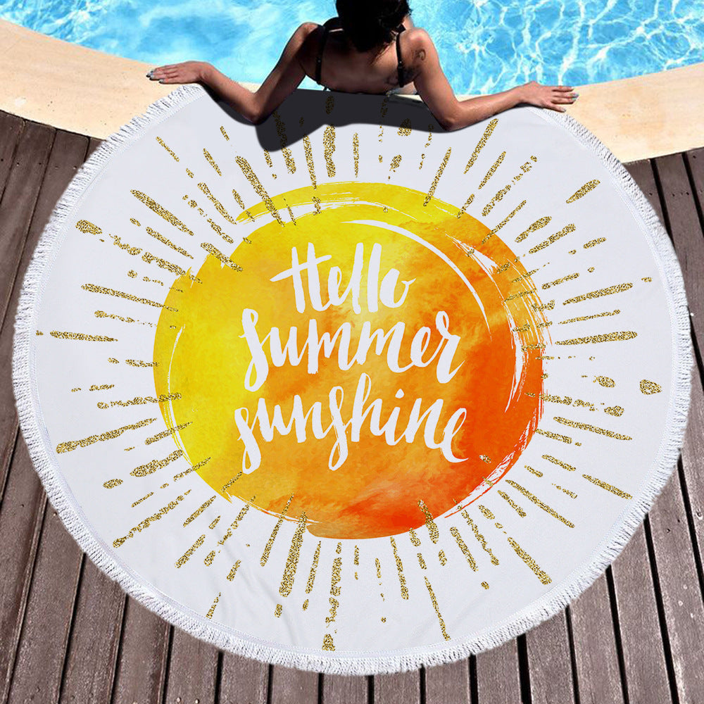 HKM-855059 Round Microfiber Beach Towel with Tassel, 150x150cm Summer Design
