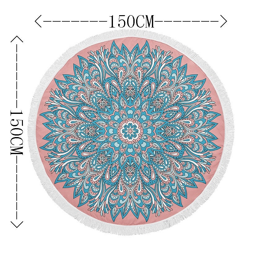 HKM-855059 Round Microfiber Beach Towel with Tassel, 150x150cm Summer Design