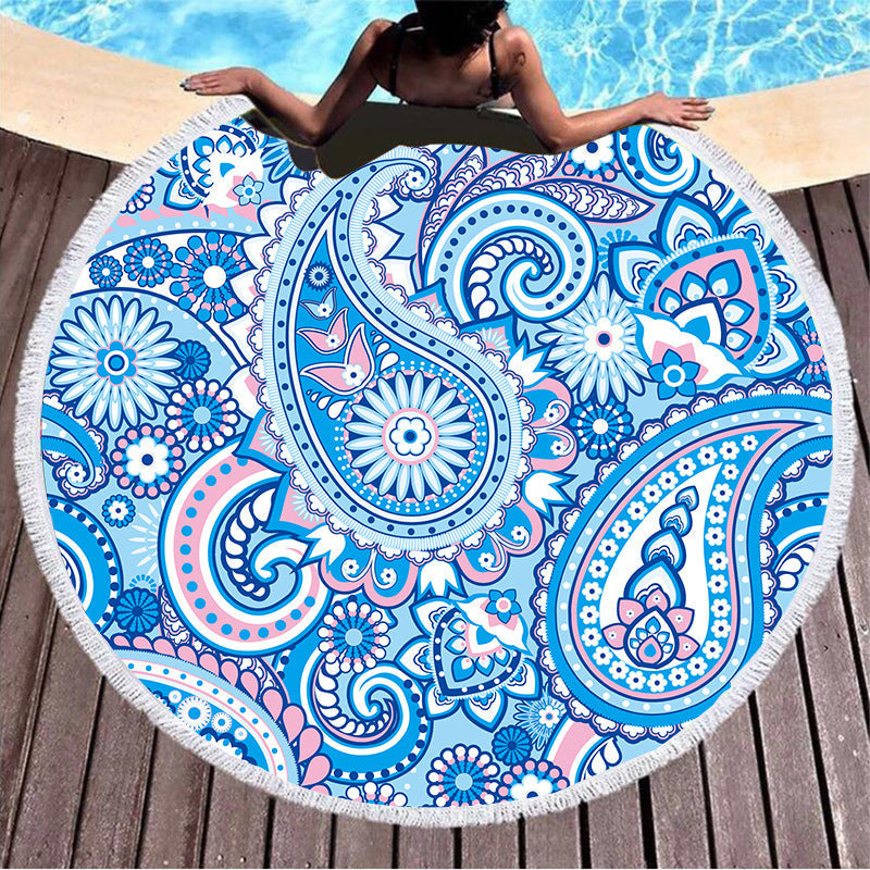 HKM-855059 Round Microfiber Beach Towel with Tassel, 150x150cm Summer Design
