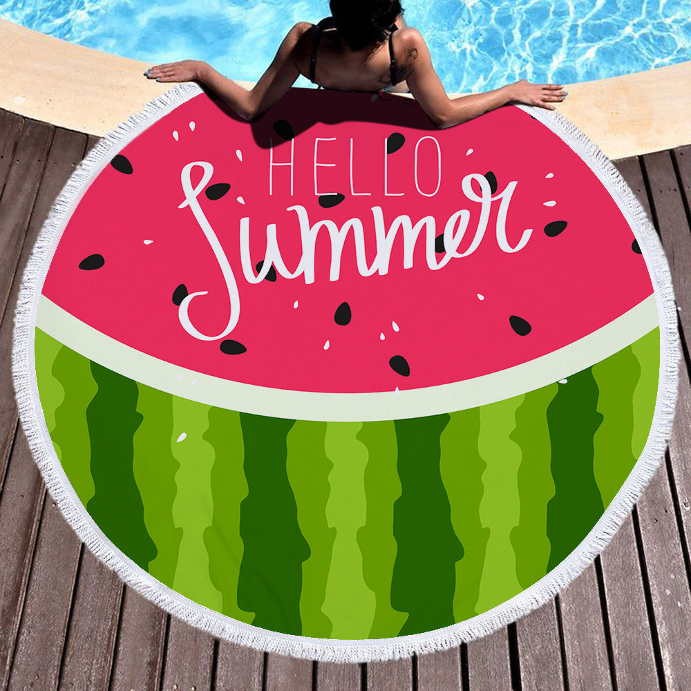HKM-855059 Round Microfiber Beach Towel with Tassel, 150x150cm Summer Design
