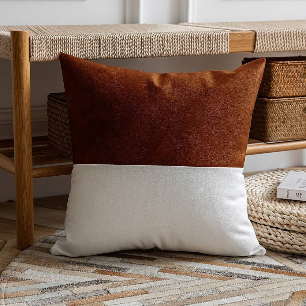 HKM-855123 PU Cotton Canvas Double-Stitched Leather Sofa Cushion Cover - Solid Color Options, 45x45 cm