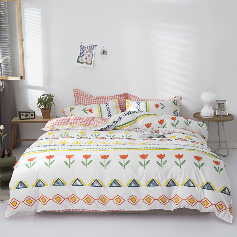 HKM-856211 Four-Piece Polyester Bedding Set with Quilt Cover for Apartment and Dorm Use