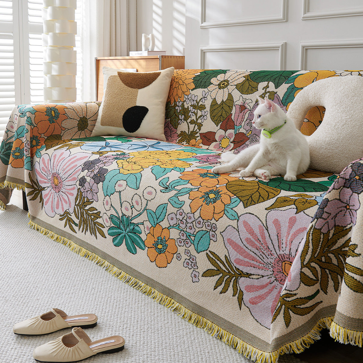 HKM-856275 Universal Chenille Sofa Cover in YB-Marigold and Floral Design - Multiple Sizes Available